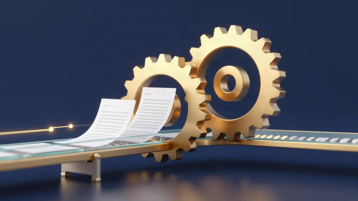 Gold gears turning beside a conveyor that carries documents through them
