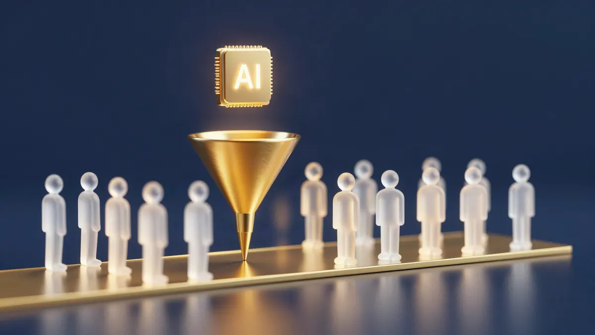 Glass figurines lined up along a gold path beside a gold funnel under a glowing AI chip