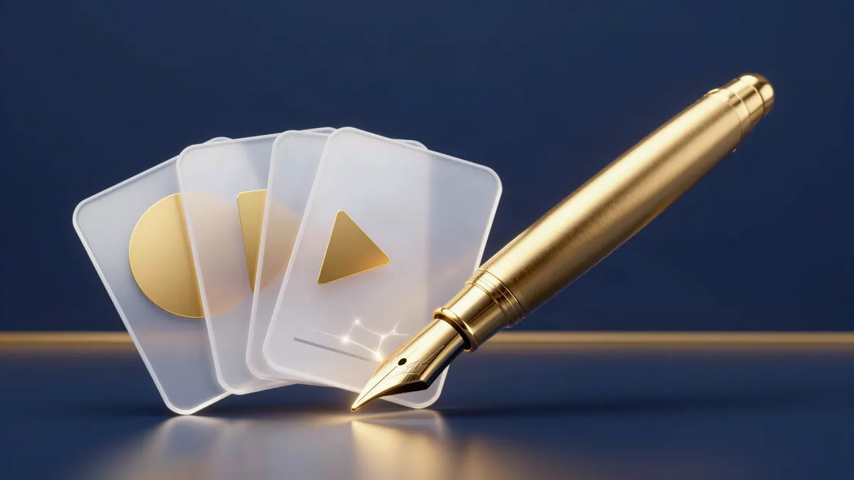 A gold fountain pen beside glass content cards for an image, a video and a post