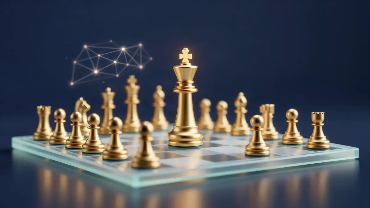 Gold chess pieces on a glass chessboard beneath a glowing neural network
