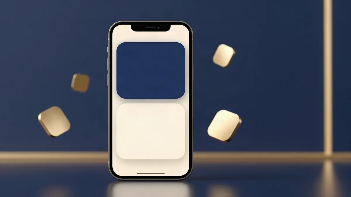 A smartphone showing a navy and cream app interface with gold app tiles orbiting it