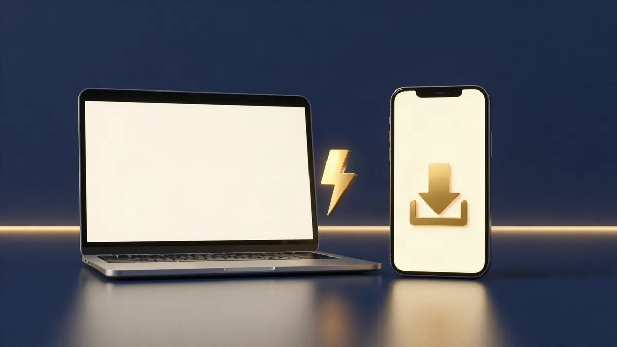 A laptop and a phone side by side with a gold lightning bolt and a download arrow