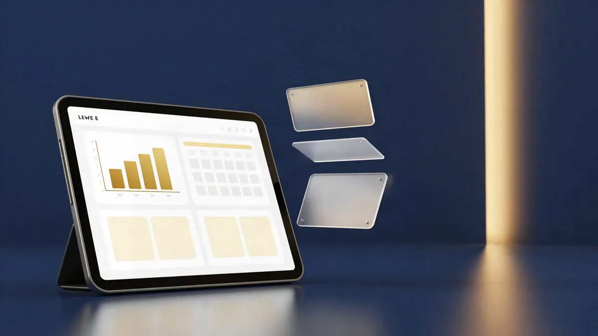 A tablet showing a business dashboard with a bar chart, calendar and task columns