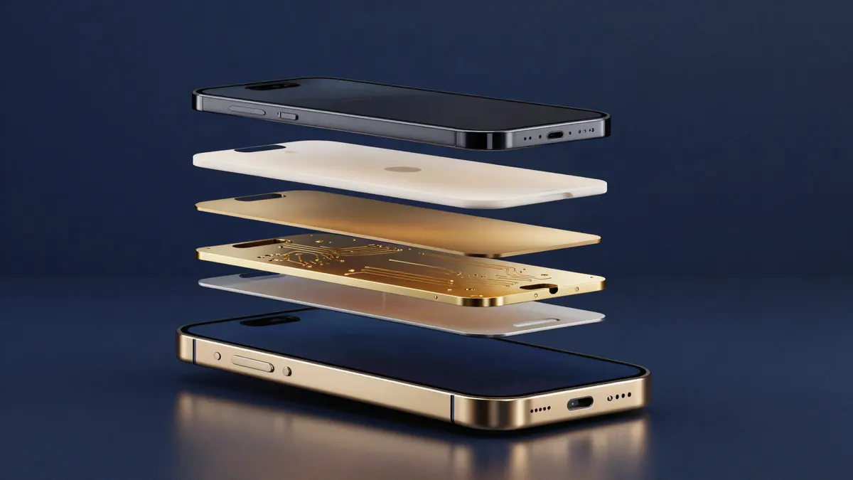 An exploded view of a smartphone showing its screen, interface and circuit layers