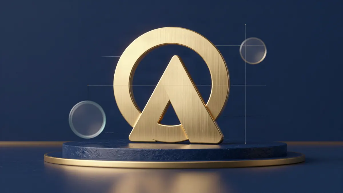 A gold geometric emblem on a navy plinth with glass construction guides