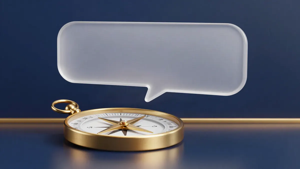 A gold compass beneath a glass speech bubble