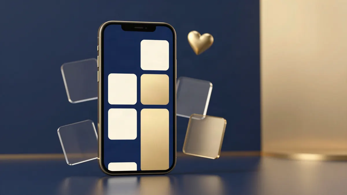 A phone showing a grid of navy and gold social post tiles, with glass tiles and a gold heart floating out
