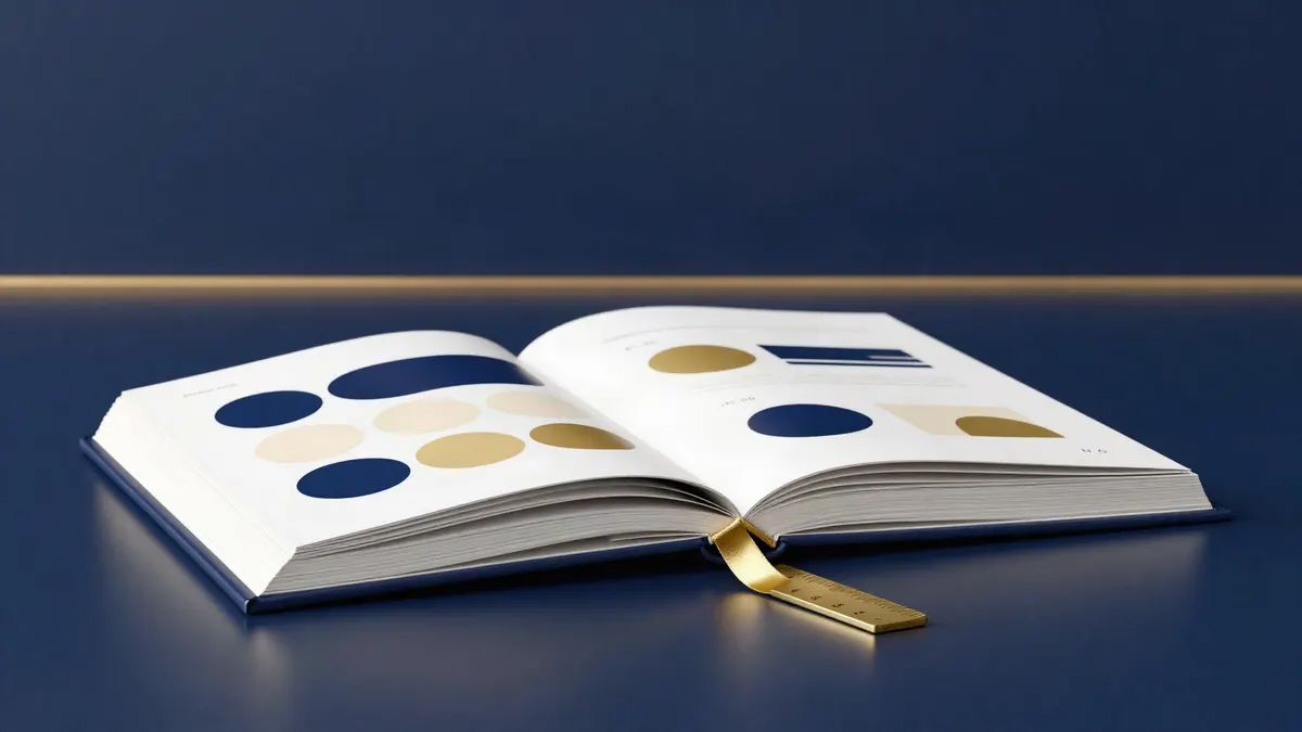 An open brand guidelines book of navy, gold and cream colour swatches with a gold bookmark