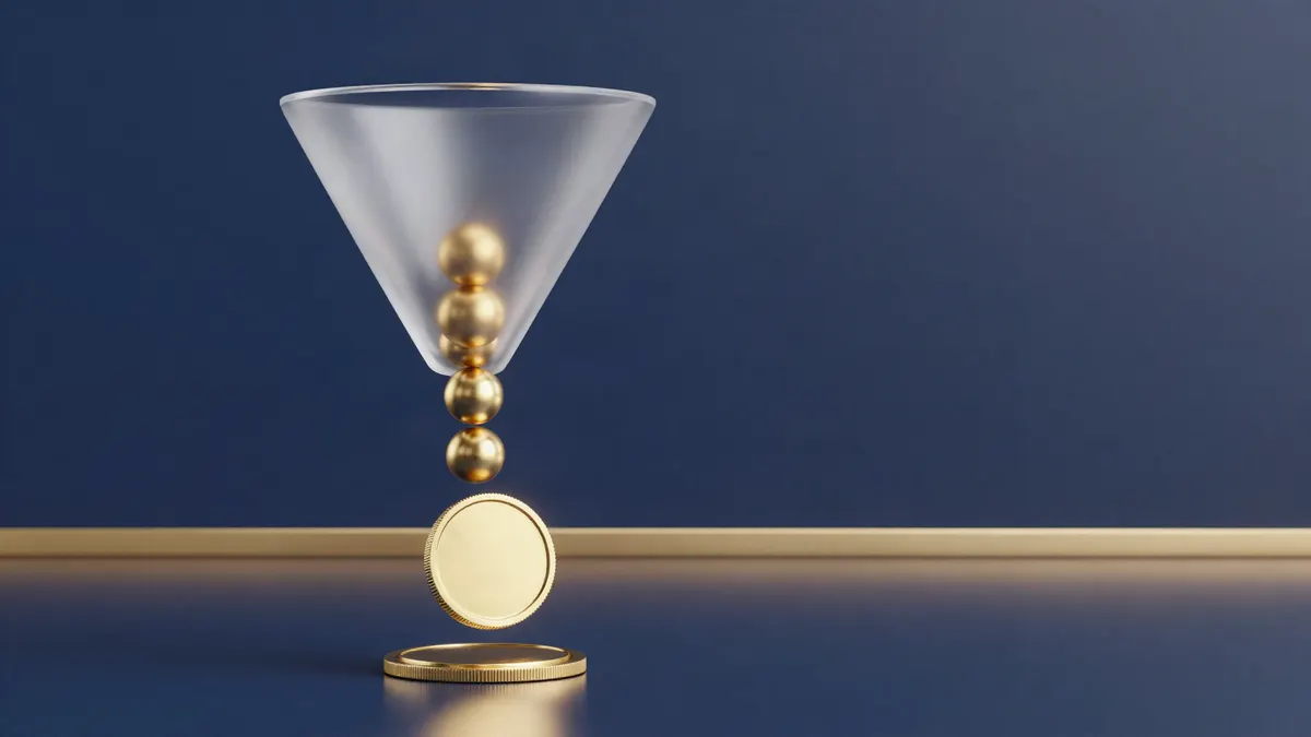 A glass sales funnel with gold spheres flowing down into a single gold coin