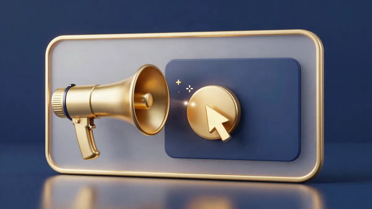 A gold megaphone and cursor clicking the button on a glass ad panel