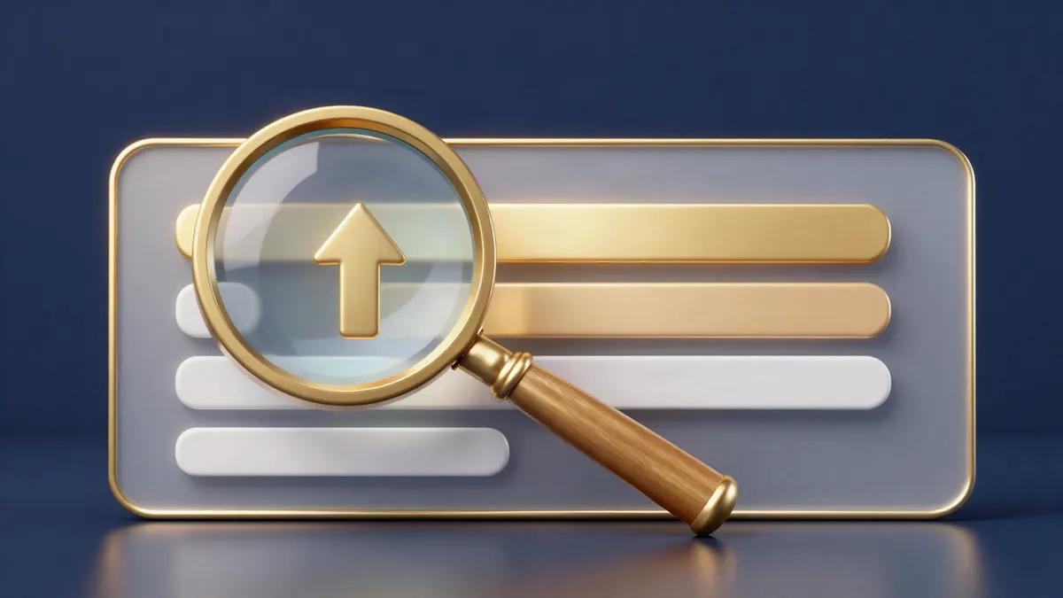 A gold magnifying glass over a panel of search result bars, the top one highlighted
