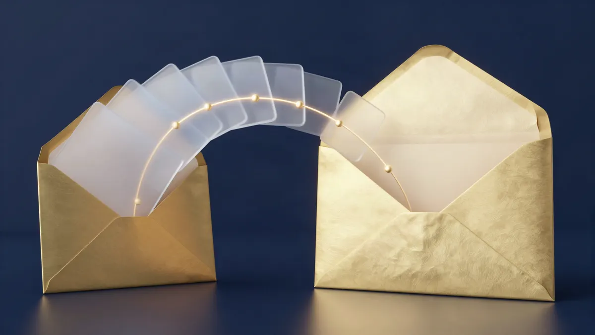 Glass message cards arcing between two gold envelopes, linked by a gold line