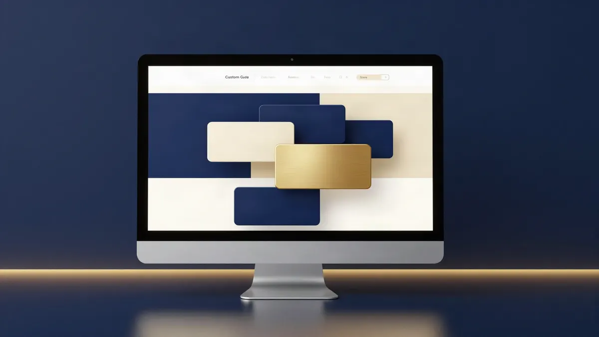 A monitor showing a website layout assembled from navy, cream and gold blocks