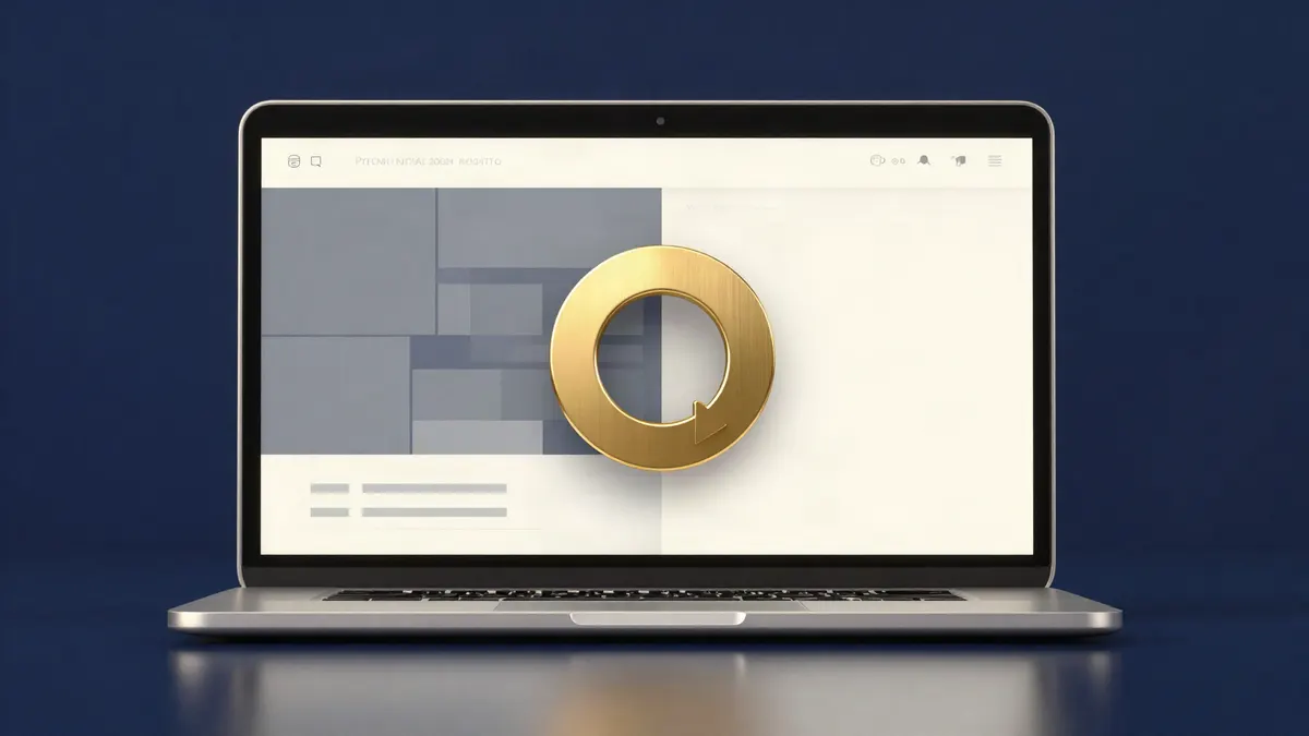 A laptop showing an old grey layout turning into a clean modern one behind a gold refresh arrow