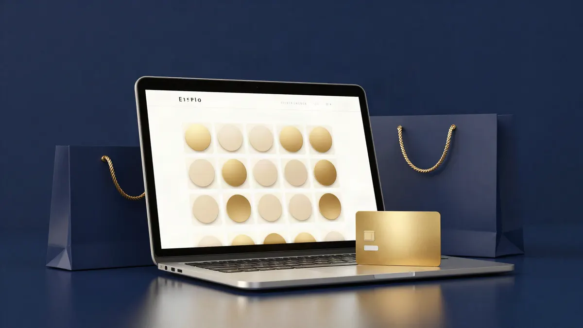 A laptop showing a product grid beside navy shopping bags and a gold credit card