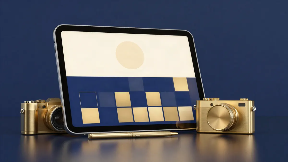 A tablet showing a simple portfolio layout between two gold cameras