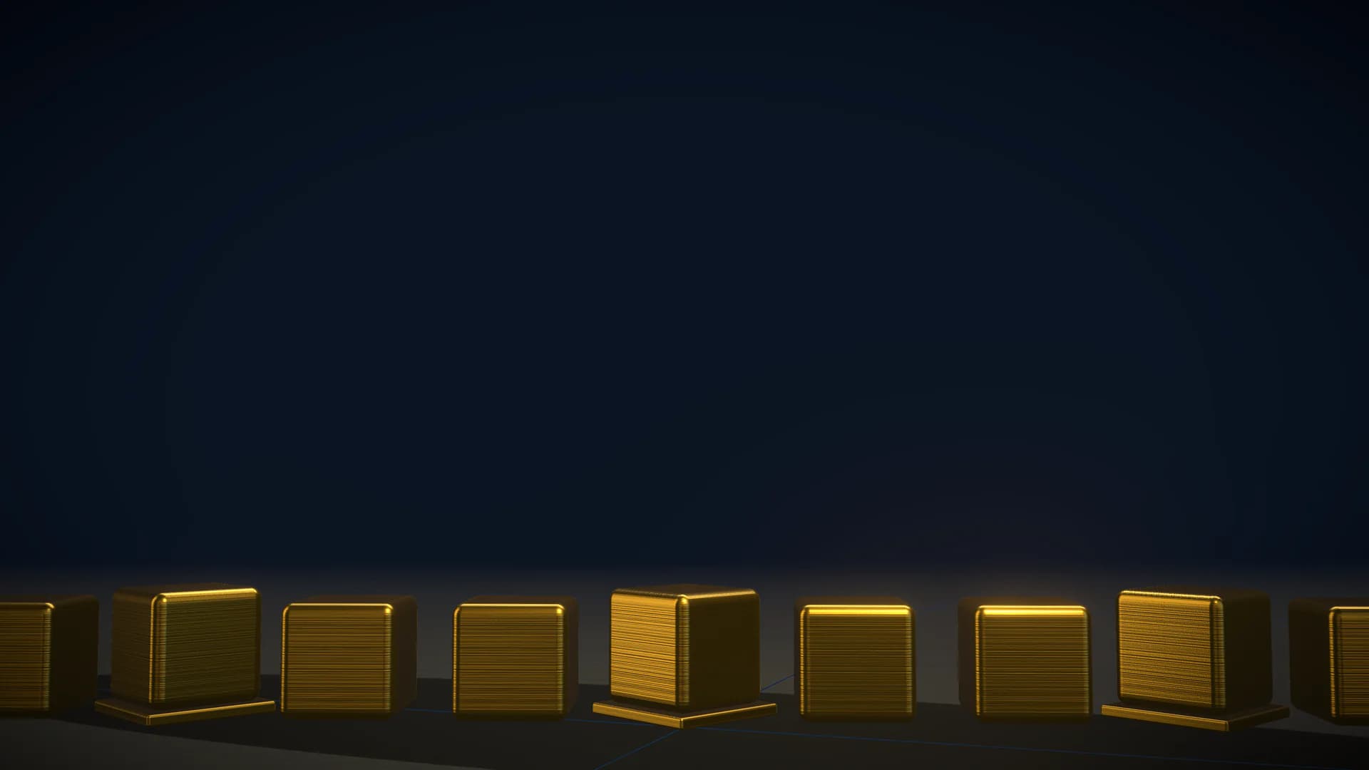 Nine small polished gold cubes in a row on a dark reflective floor, every third one turned and raised on a thin shim