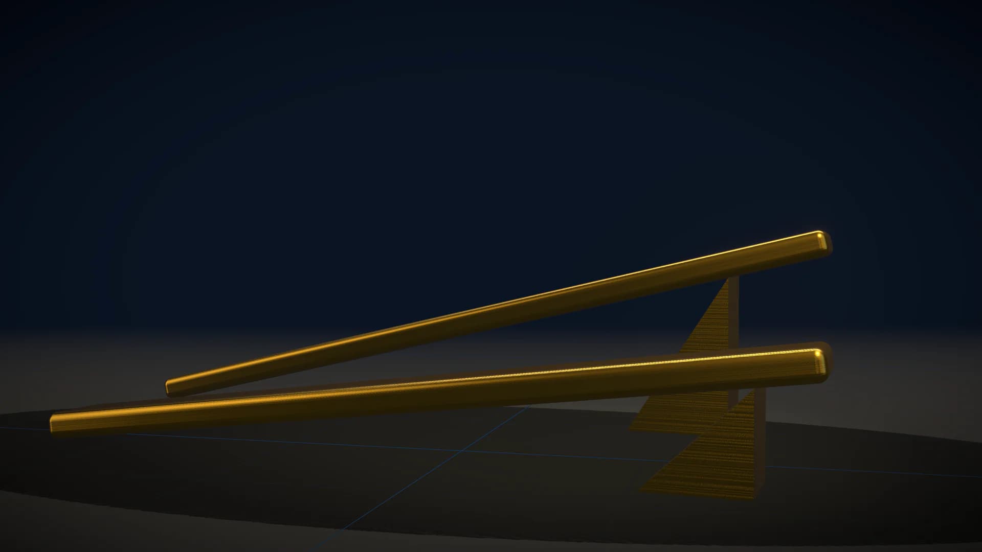 Two thin brushed gold bars rising at different inclines on a dark reflective floor, the rear one steeper