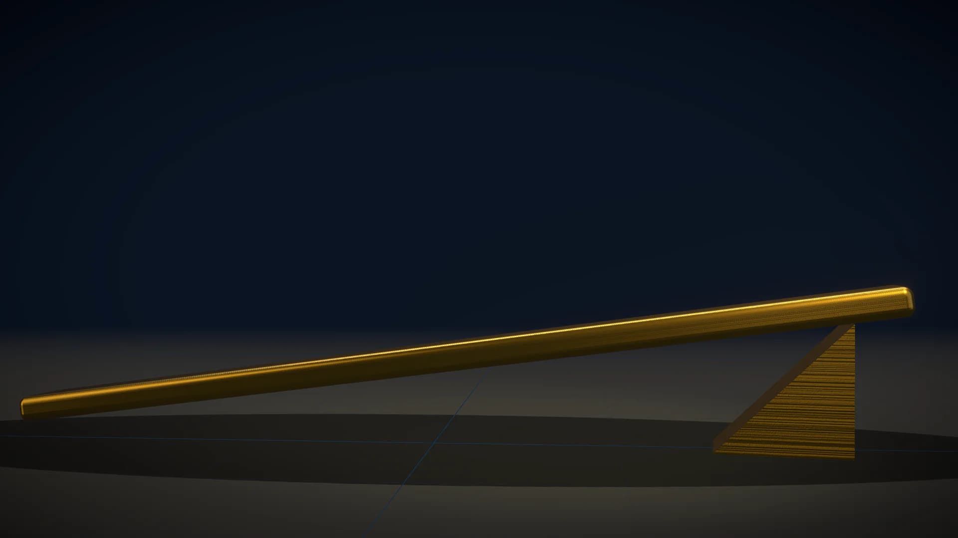 A long thin brushed gold bar on a dark reflective floor, one end lifted by a small wedge so it rises to the right