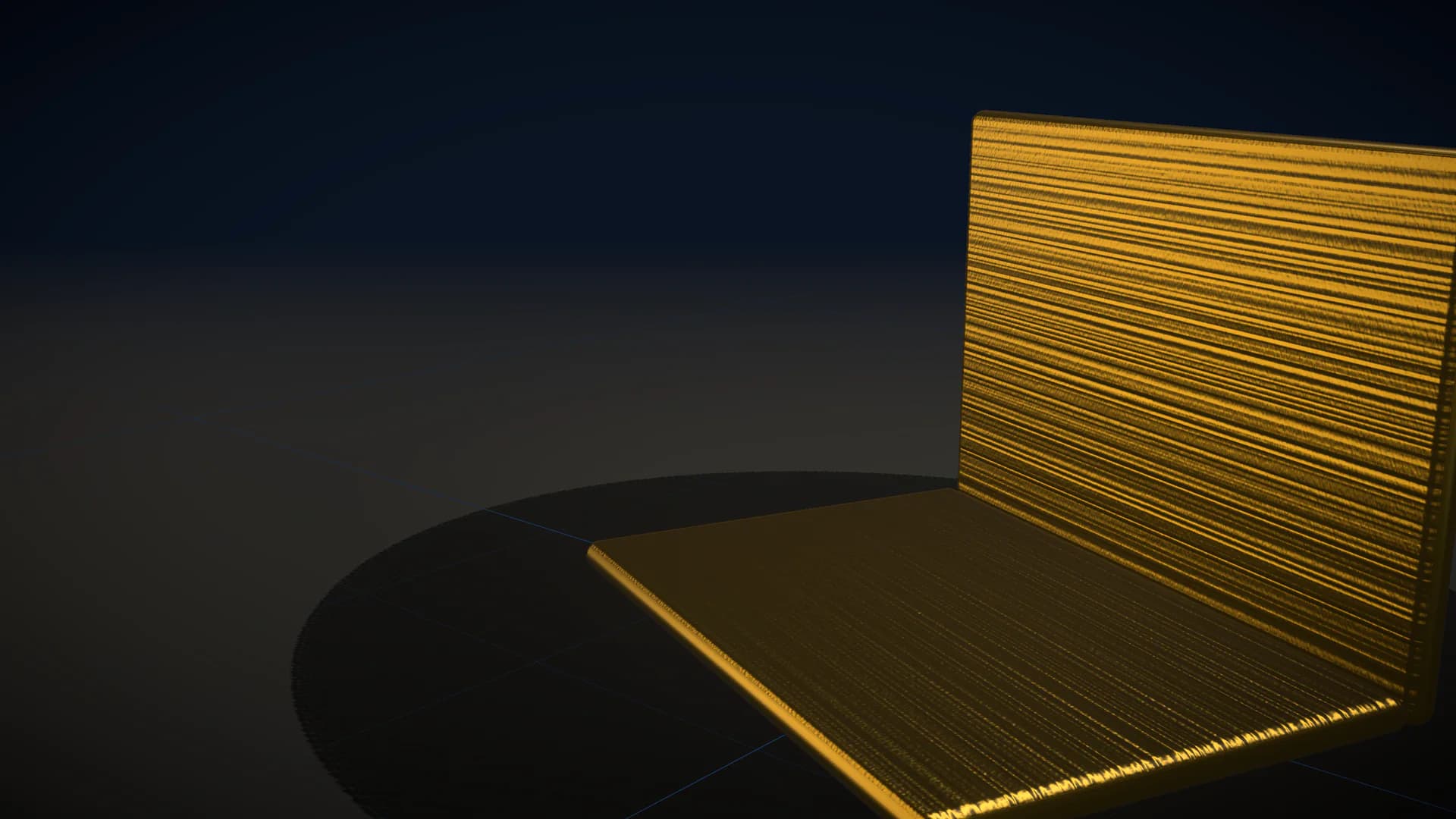 Two brushed gold plates on a dark reflective floor, one lying flat and one standing upright like an open folder