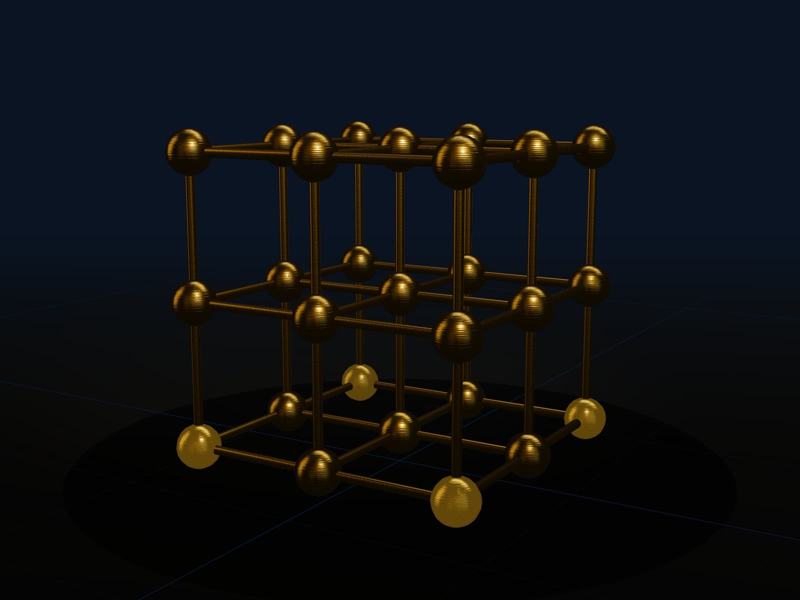 A lattice of twenty-seven polished gold spheres joined by thin rods