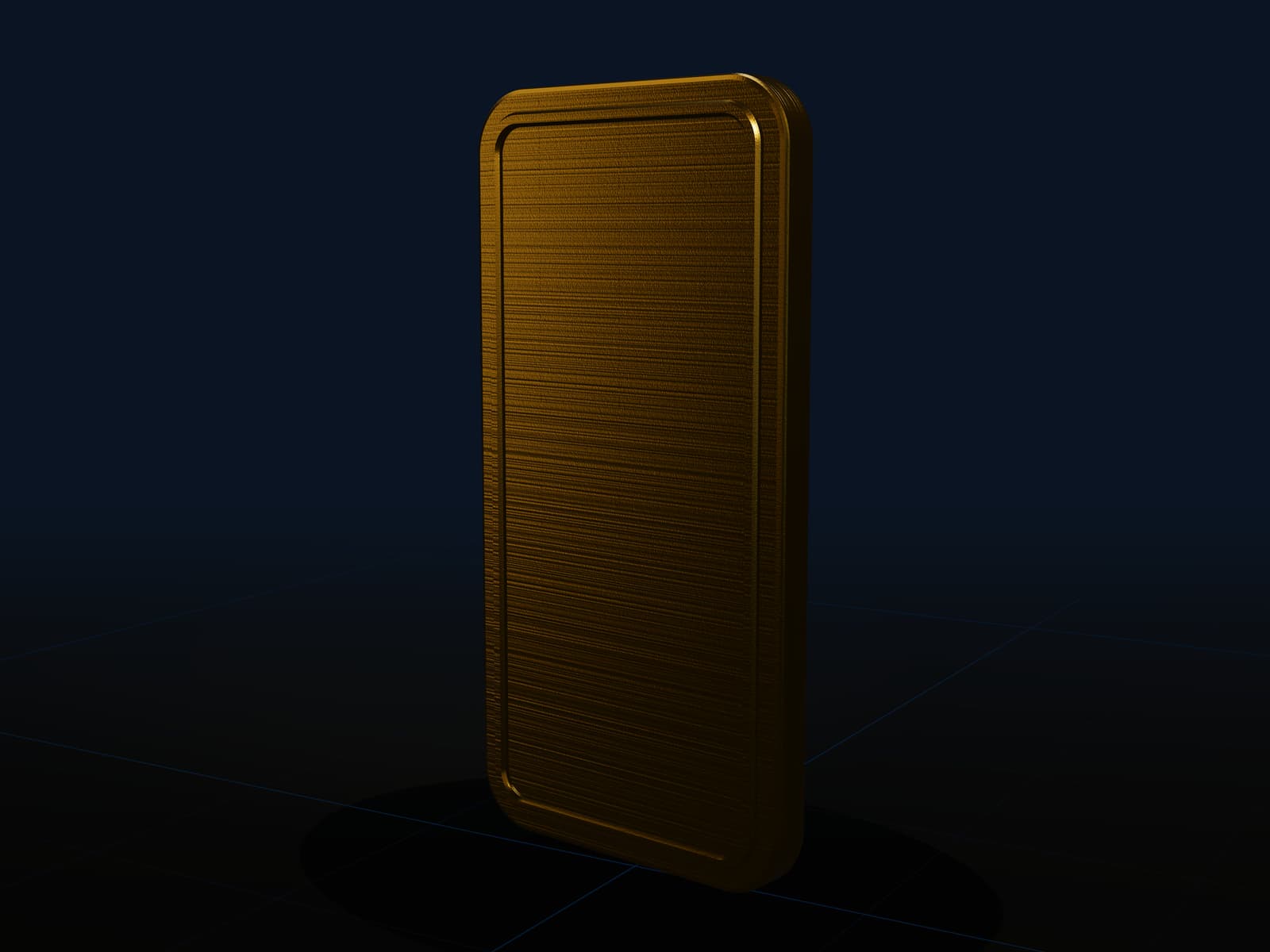 An upright rounded brushed gold slab with a chamfered rim