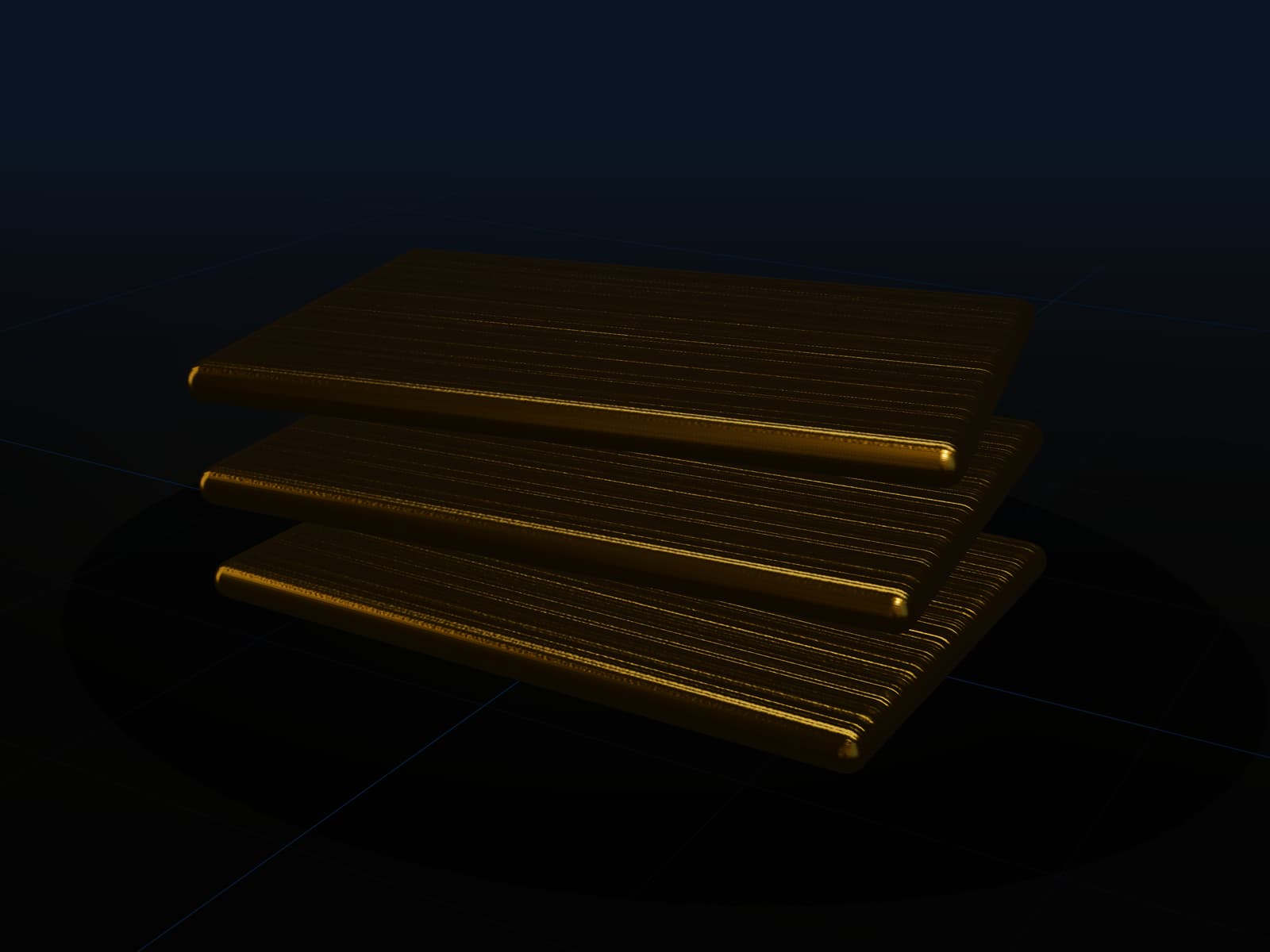 Three stacked brushed gold plates fanned by six degrees