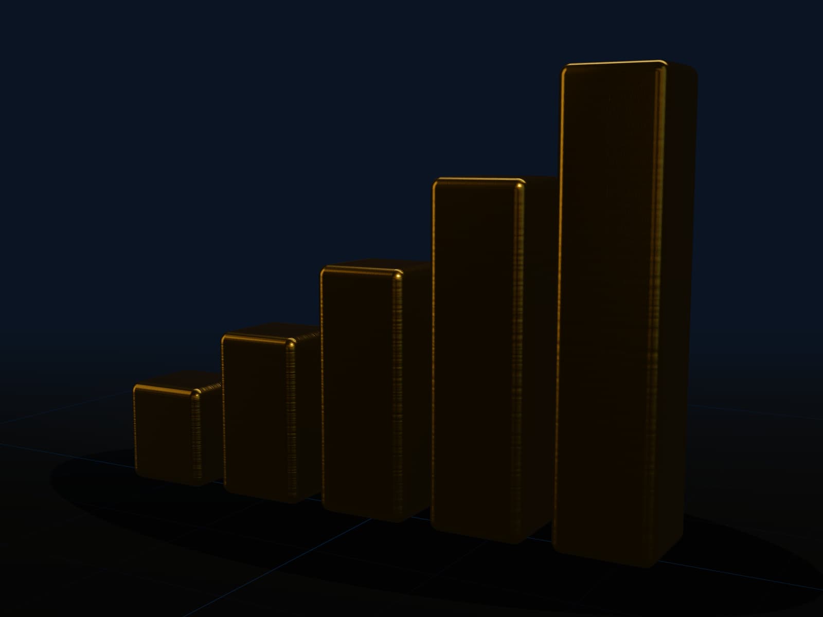 Five brushed gold bars rising in steps on a dark floor