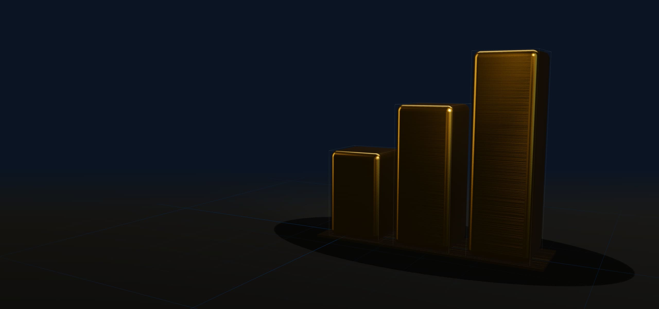Three rising gold bars, the Dilshaad Williams mark, on a dark reflective floor
