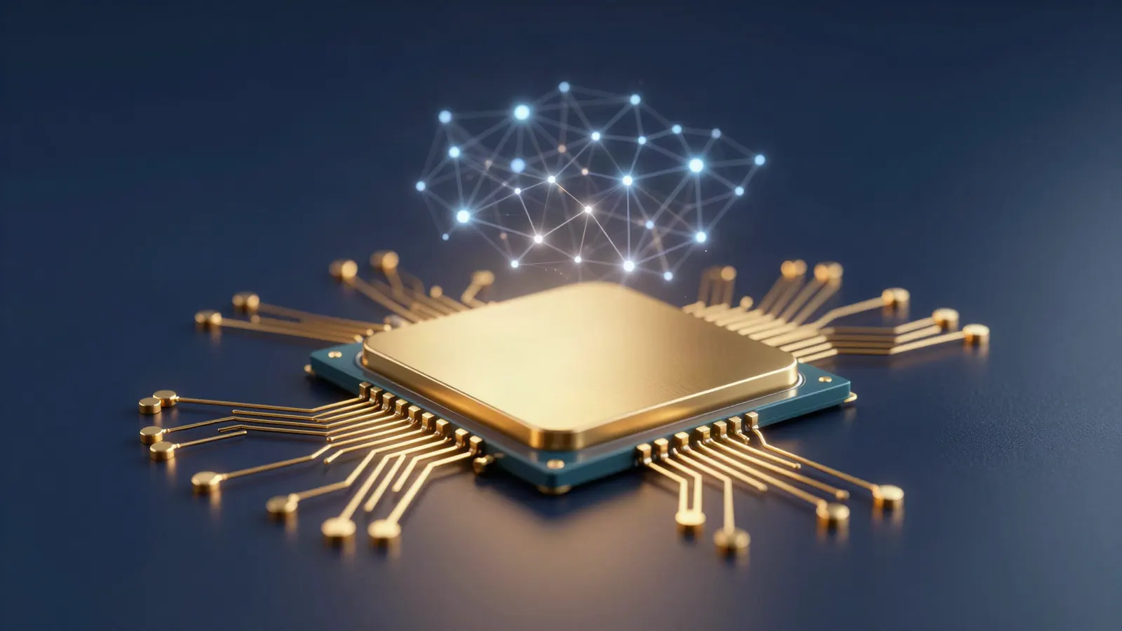 A gold AI processor chip on a circuit board with a glowing neural network hovering above it