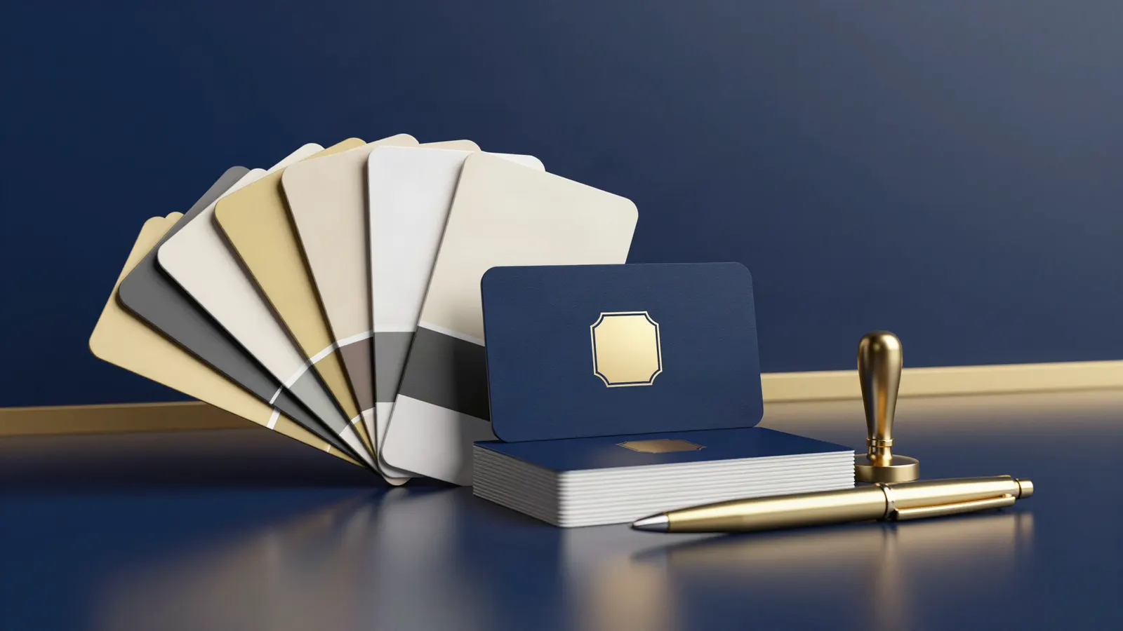 A fanned colour swatch deck beside navy business cards with a gold foil emblem, a brass stamp and a gold pen