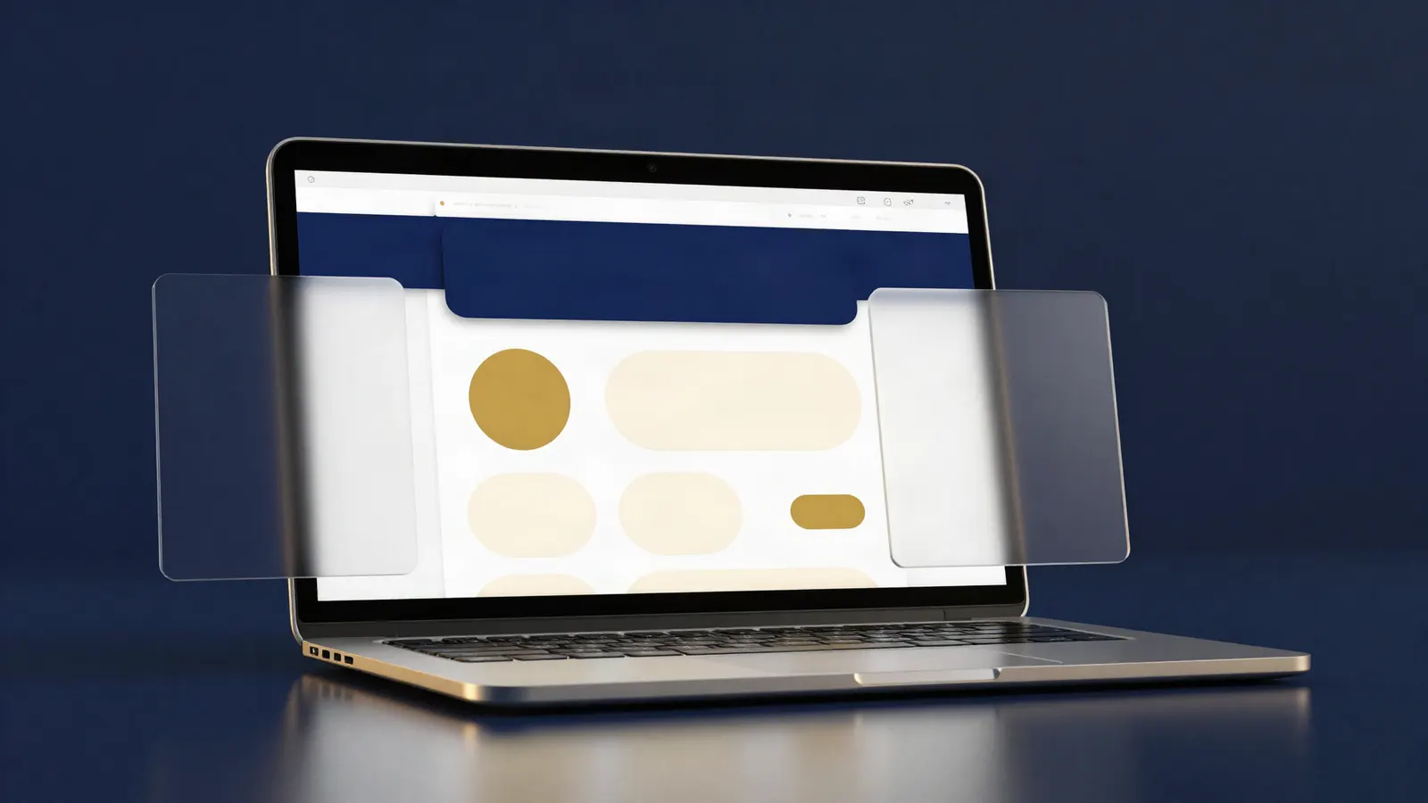 A laptop showing a clean website layout with glass wireframe panels floating beside it