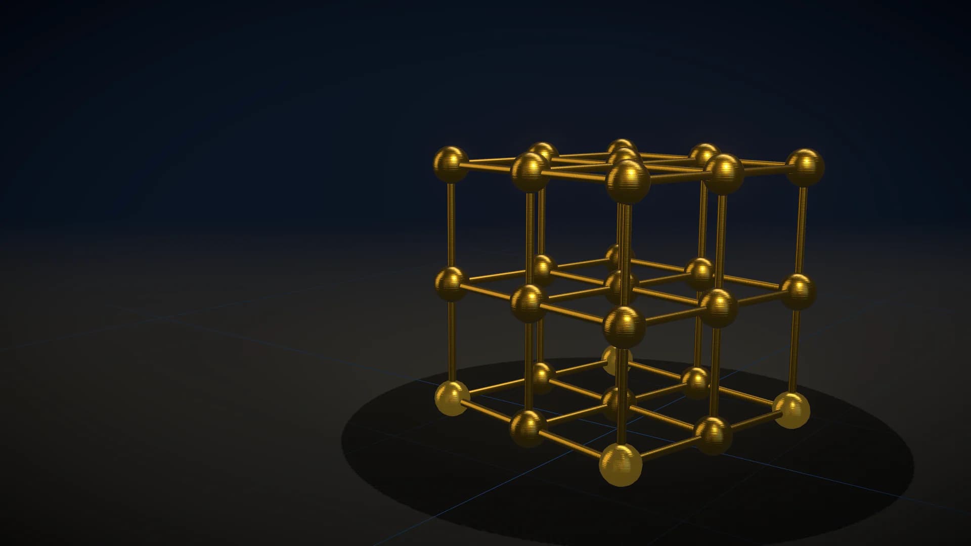 A lattice of twenty-seven polished gold spheres joined by thin rods on a dark floor