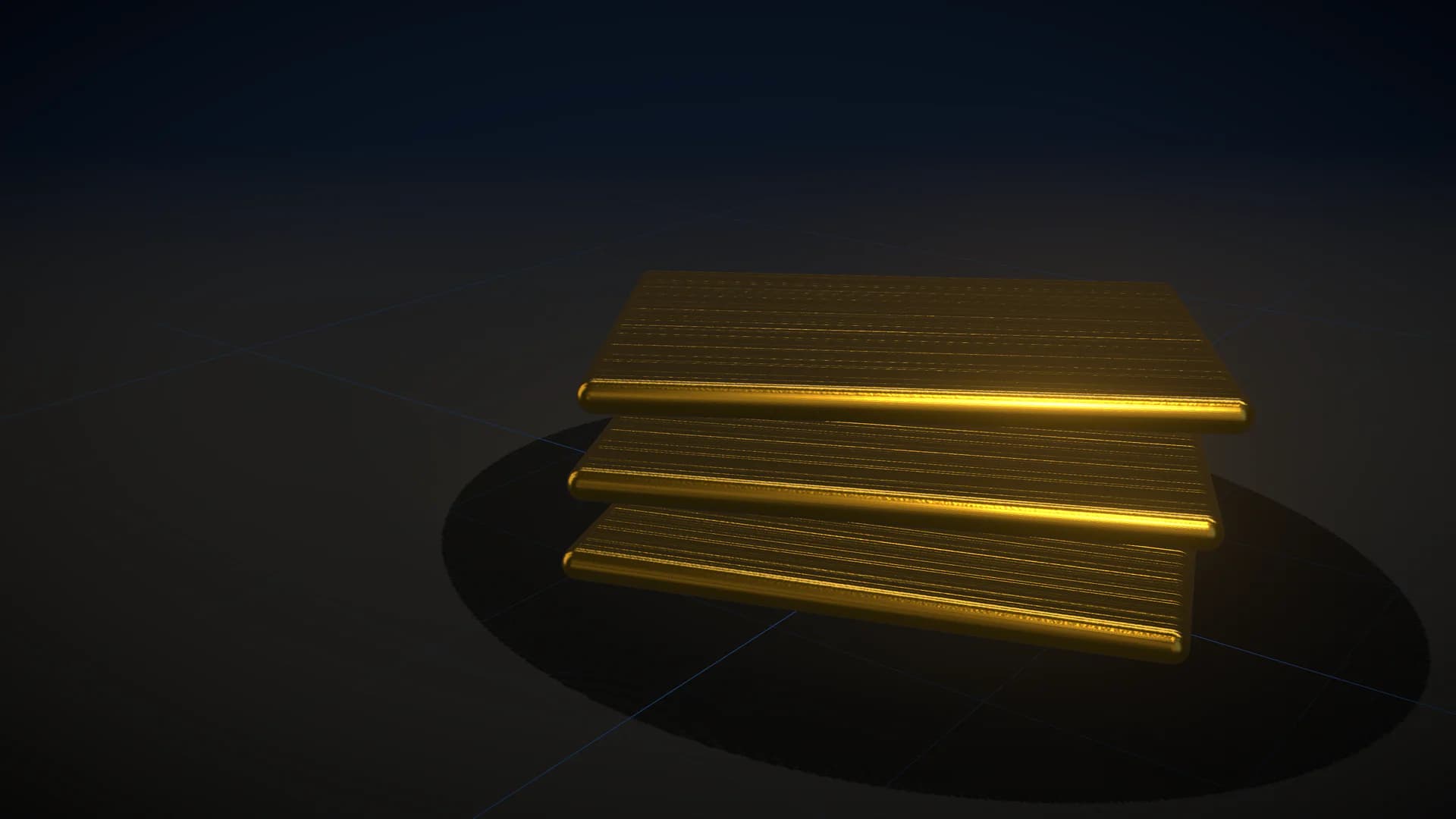 Three stacked brushed gold plates fanned by six degrees on a dark floor