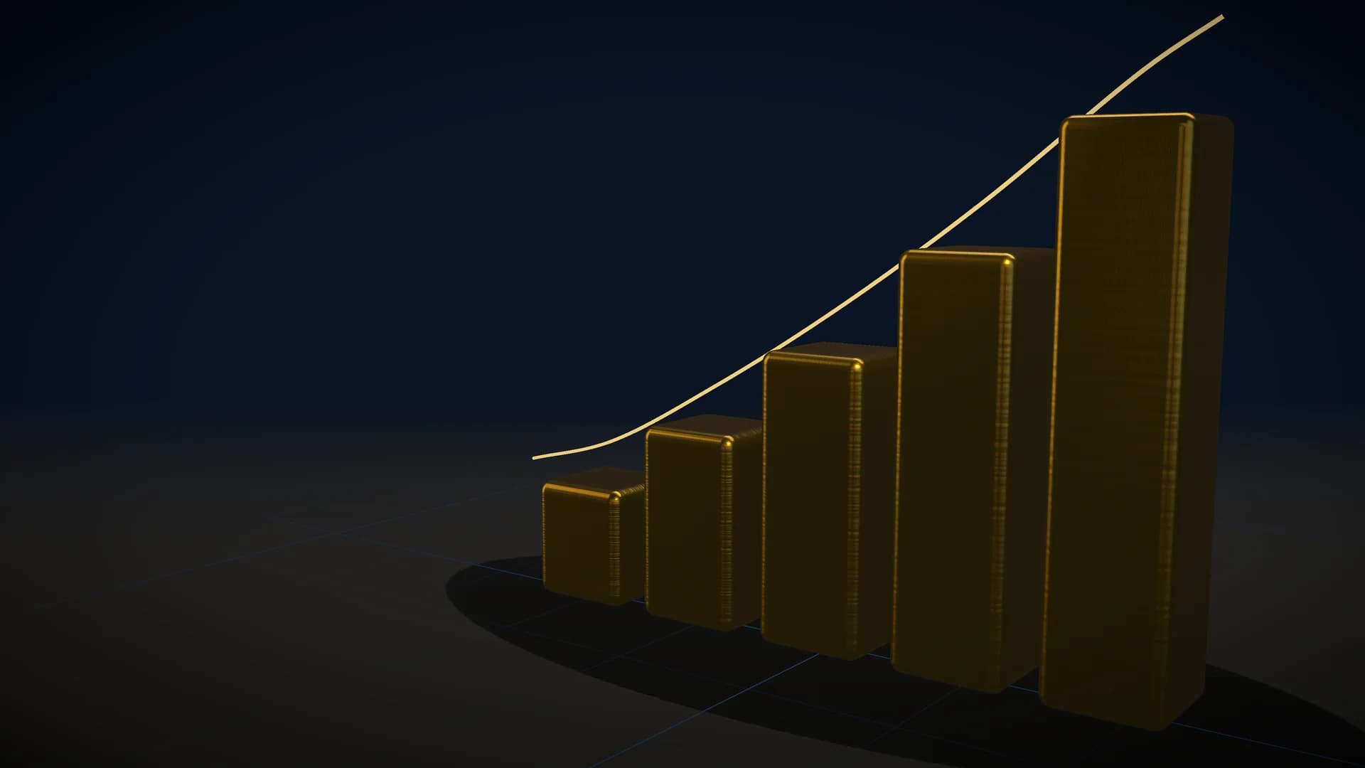 Five brushed gold bars rising in steps on a dark floor